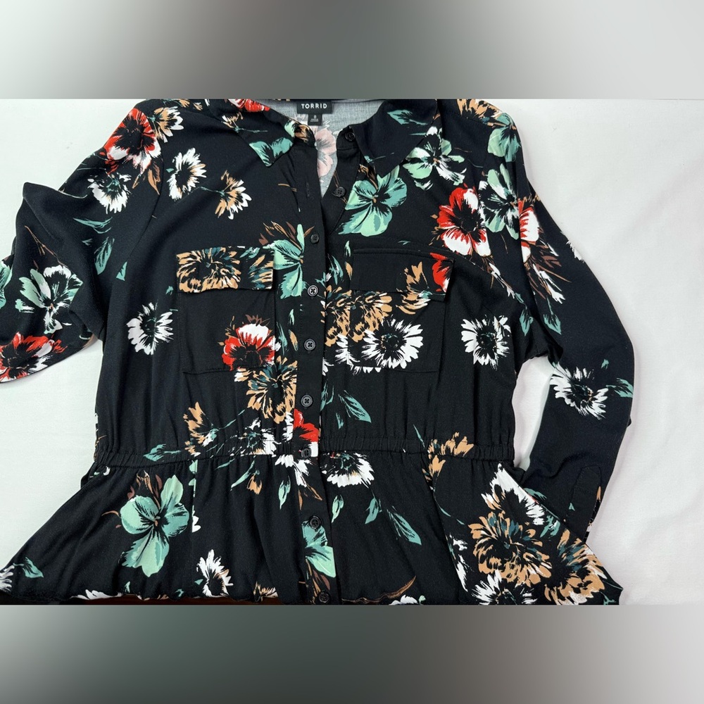 Torrid Mini Challis Shirt Dress Black Floral 3/4 Sleeves Size Large - Picture 6 of 8
